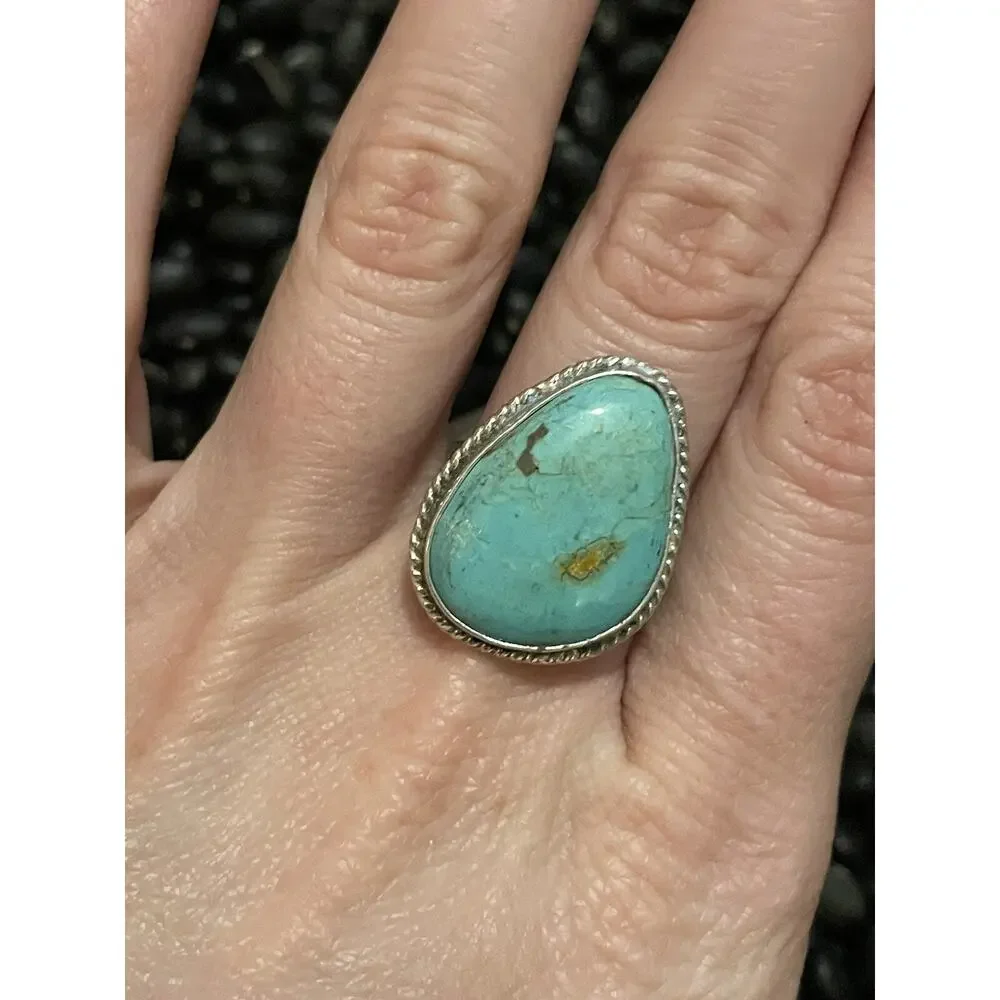 Southwest Sterling Silver Kenny Ray Signed Turquoise Ring~Teardrop Size 8.5